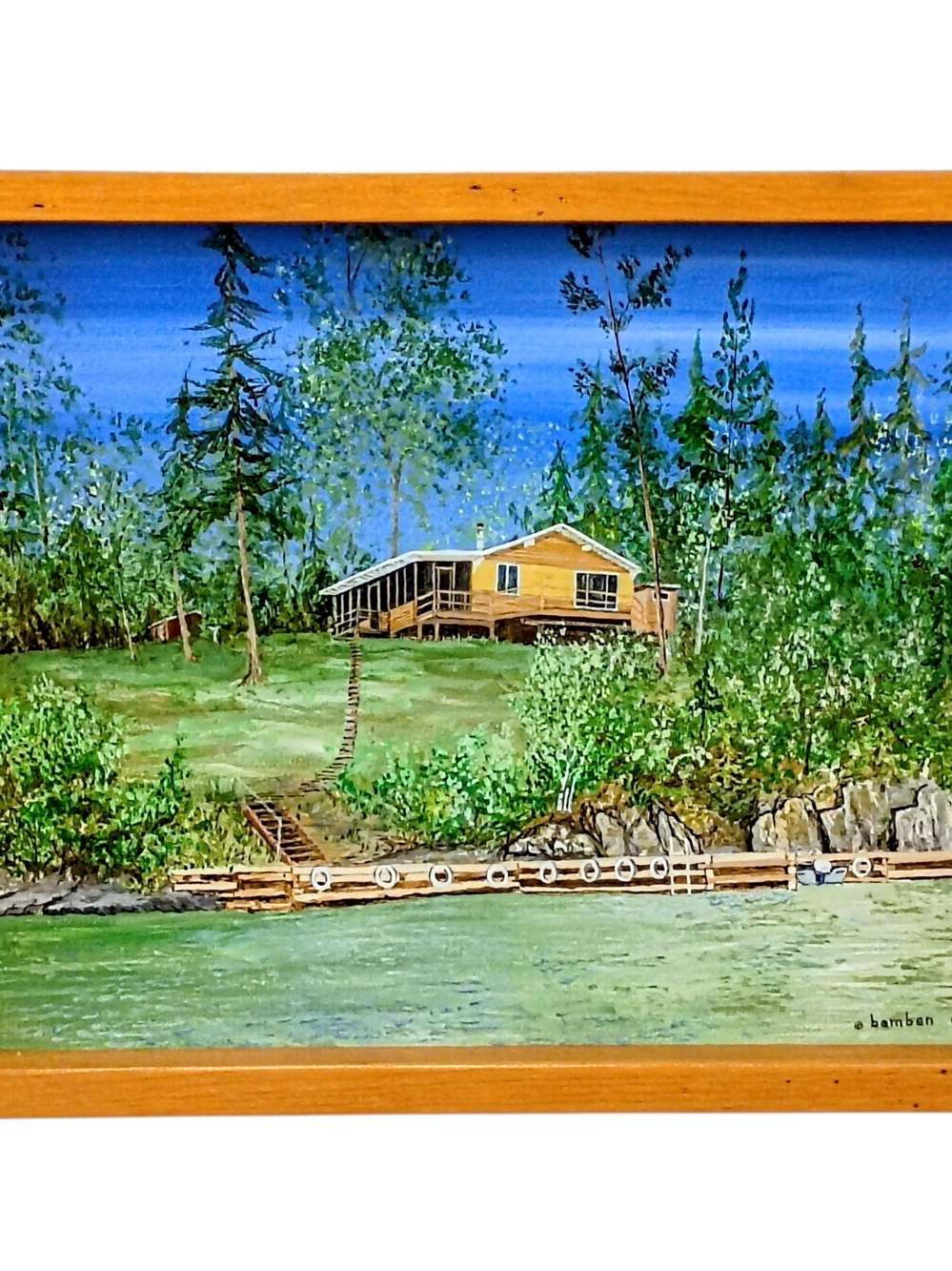 Vtg Painting 80s Acrylic Framed 17x14 Lake House Cabin Original Signed